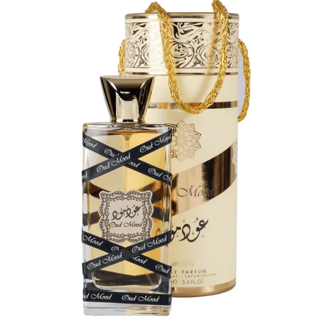 Lattafa Perfumes' Oud Mood is a unisex fragrance with top notes of Rose, Saffron, and Pimento. Its middle notes include Agarwood (Oud), Caramel, Floral Notes, and Patchouli, while the base notes consist of Woody Notes, Resins, Amber, Incense, and Musk.